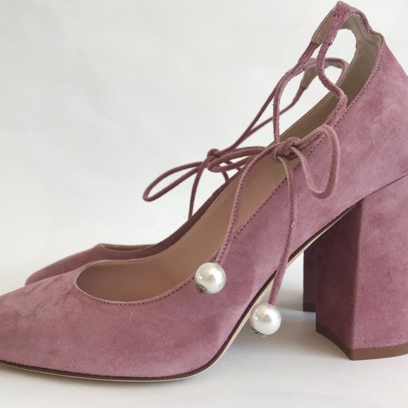 NEW Kate Spade Gena Heel Vintage Rose Suede Ankle Ties With Pearls Size 7 NWOB - Picture 2 of 5